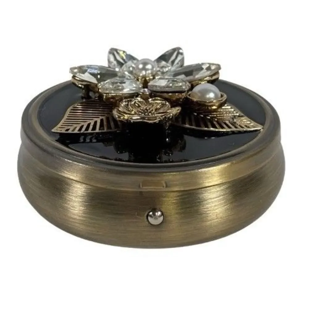 Pill Box Trinket Floral Design Blk Brass w/Crystal Embellishments 3 Compartments